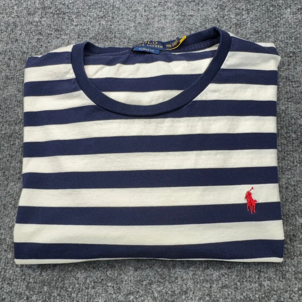 Polo Ralph Lauren T-Shirt Mens XXL Blue White Striped Pony Logo Classic Fit